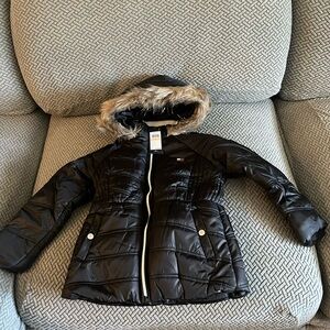 Tommy Hilfiger Girls’ Black Winter Jacket with Sparkly & Fuzzy Hood - Size 6X